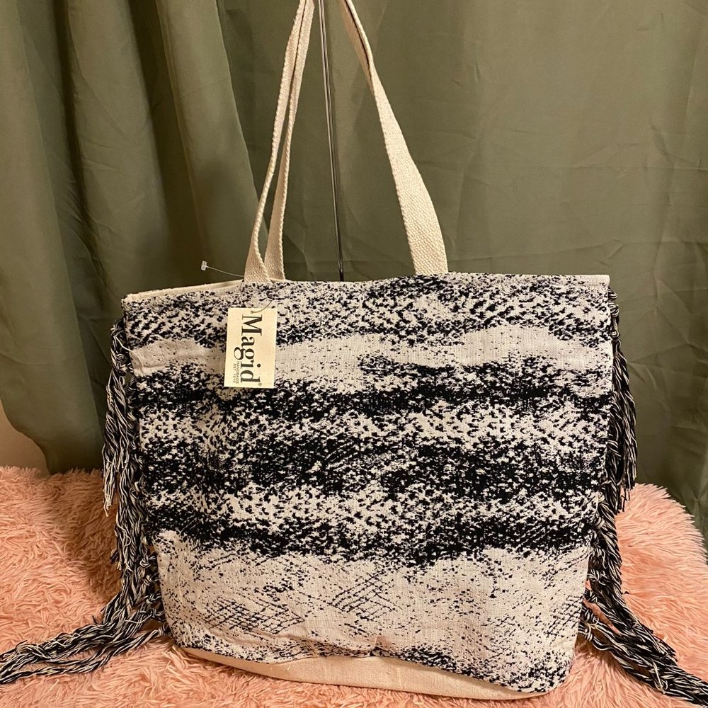 Magid Fringed Beach Tote- Black/White